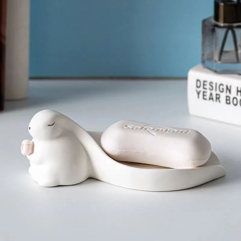 Big Ear Cute Rabbit Ceramic Soap Box Decorative Bathroom Drainage Soap Dish Storage Wash Desk Decor Home Decoration Accessories