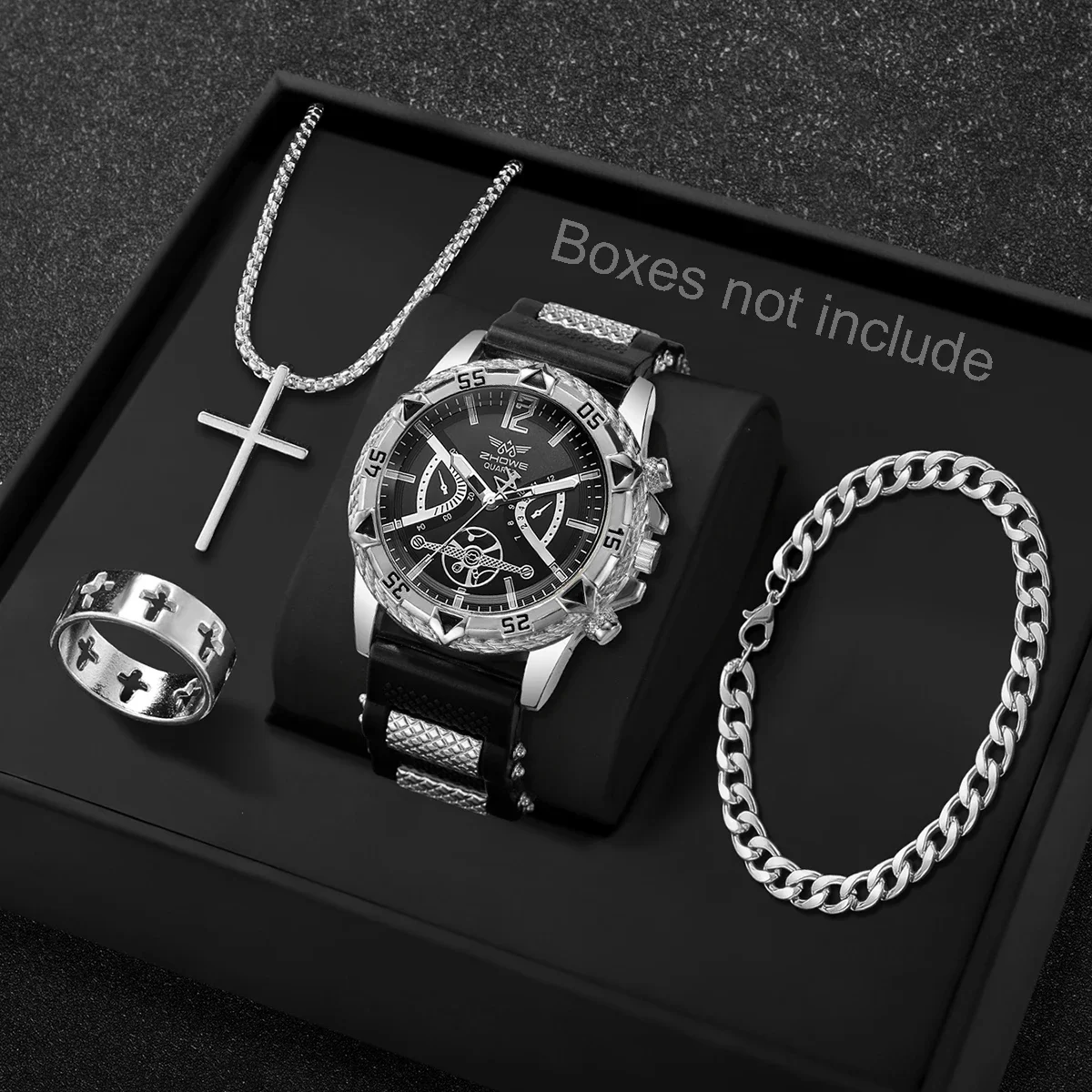 AAALuxury Sport Men Quartz Watch Jewelry Kit, Hollow Dial Gold Accent Wristwatch Matching Cross Jewelry Present For Boys