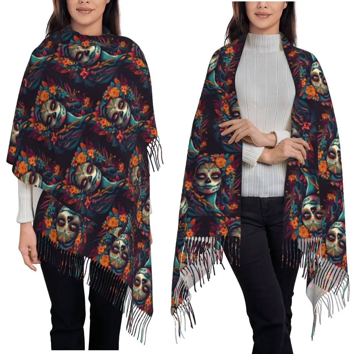 Mexican Catrina Girl Day Of The Dead Sugar Skull Scarf Tassel Scarves for Women Soft Warm Shawls and Wraps Large Shawl Wrap