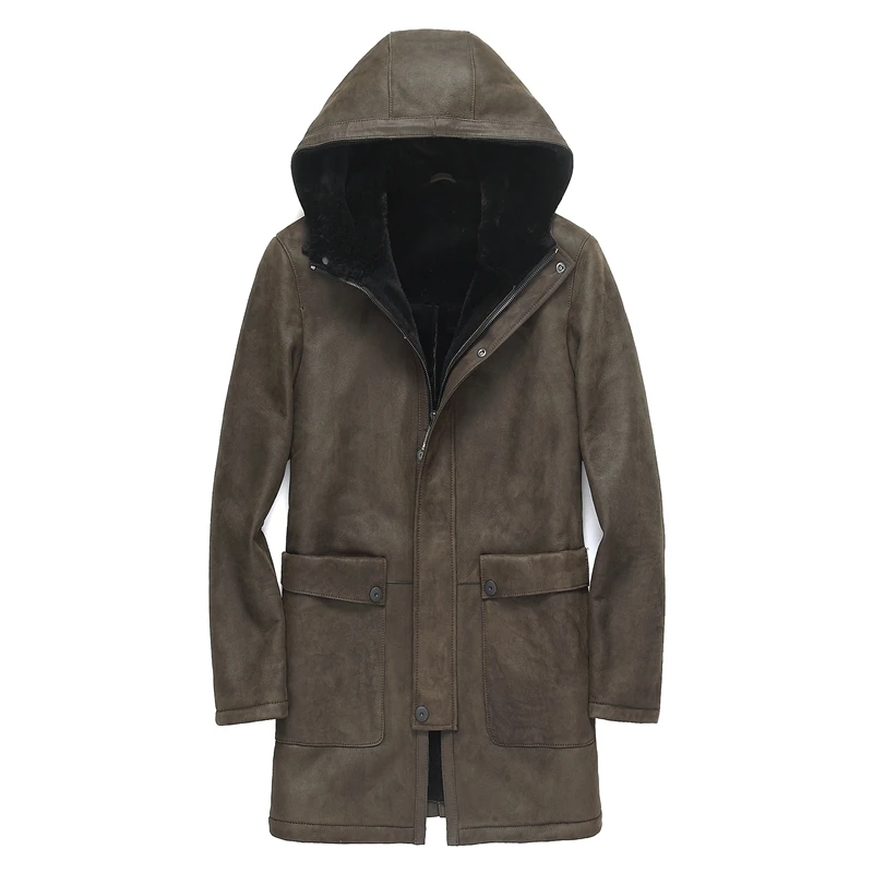 Blouson d'hiver en cuir véritable pour homme, manteau Long à capuche, en peau de mouton véritable, nouveau, 2022