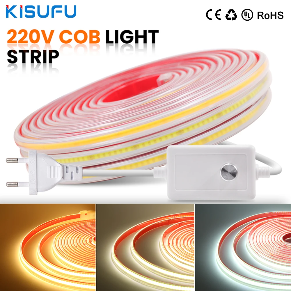 220V 288LED/m Dimmable COB LED Strip Light with Adhesive Tape RA85 Flexible LED Tape 3000k 4000K 6000K for Home Outdoor Lighting