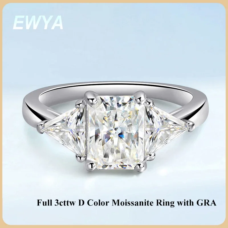 EWYA 3cttw Radiant Cut D Color VVS Moissanite Diamond Ring Band For Women 925 Silver GRA Certified Wedding Bridal Rings Gift