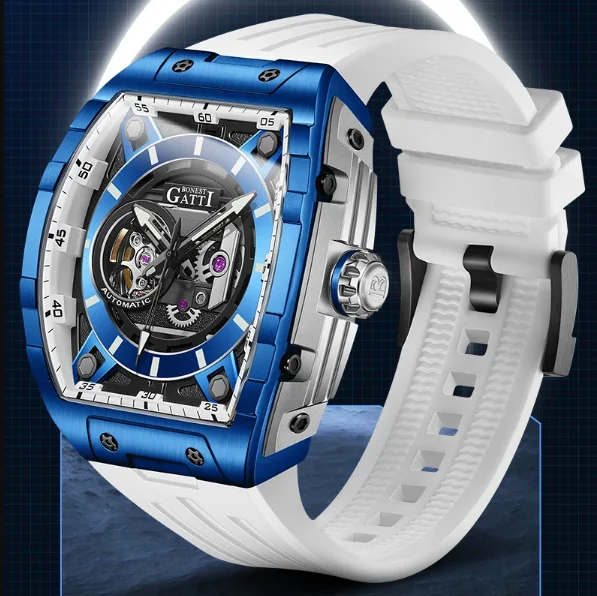 BONEST GATTI Men Automatic Watch 46mm Tonneau Mechanical Wristwatch Sapphire Mirror Luminous Waterproof Skeleton Dial FKM Strap