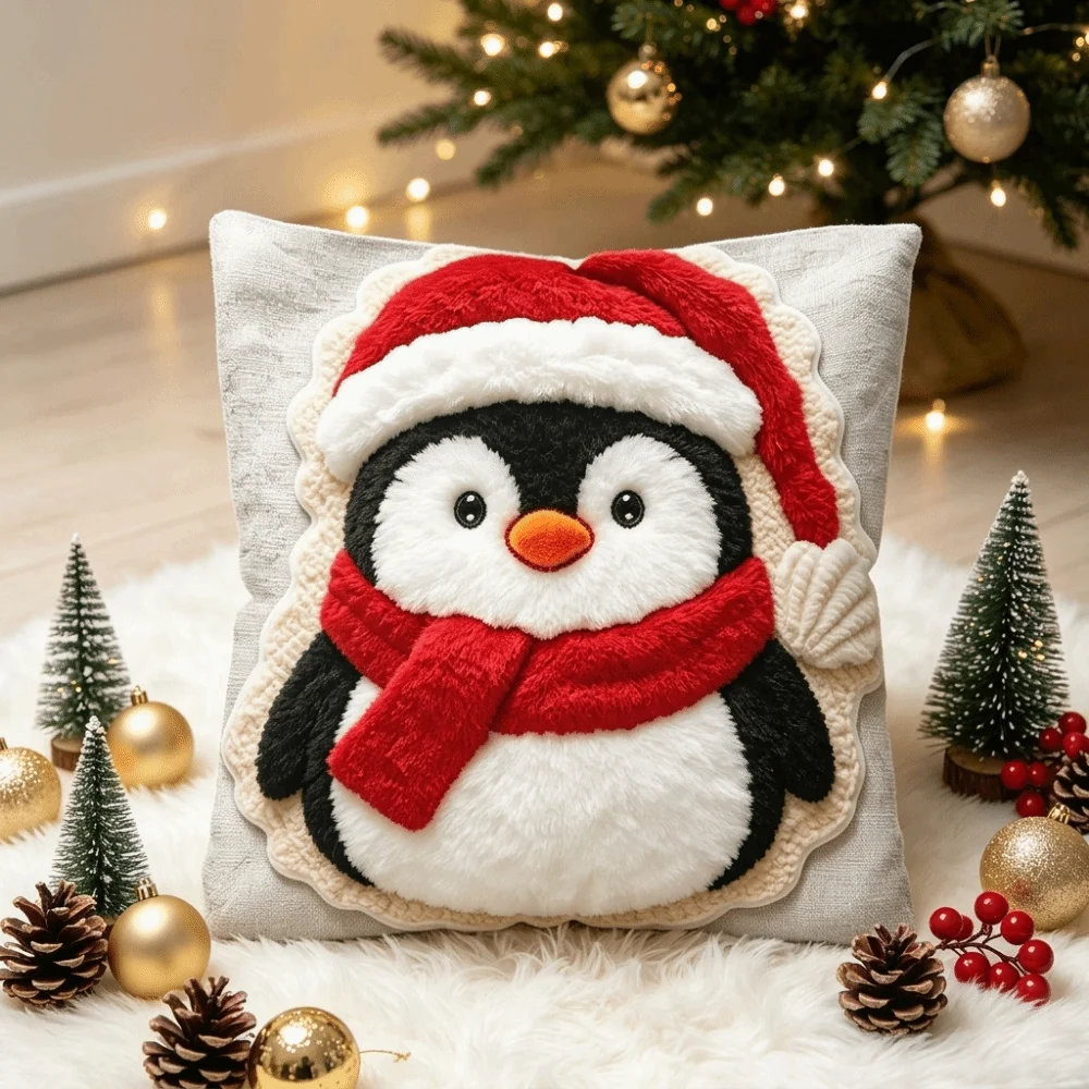 1pc Christmas Pillow Cover Zipper Closure Not Real Embroidery Cushion Cover Polyester Single-sided Printed 2D Flat Pillowcase