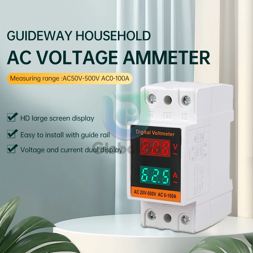 LCD Dual Digital Din Rail AC Voltmeter Ammeter AC 50-500V 100A Over Voltage And Under Voltage Protective Volt Amp Monitor Meter