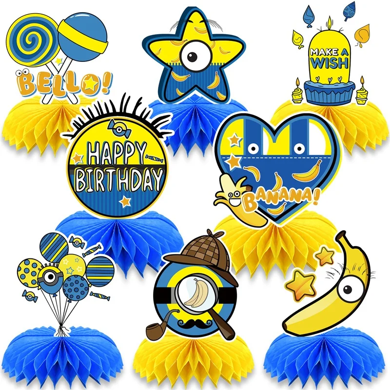

New Set of 8 Pieces Minions Birthday Party Decorations Kids Party Supplies Honeycomb Ornaments Cake Decoration Background Center