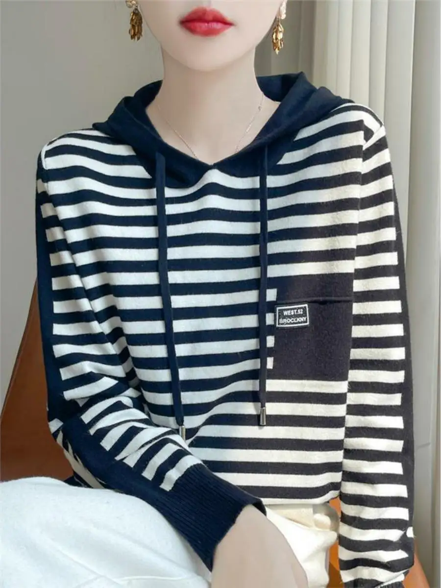 

Hooded Women Sweater Stripe Long Sleeve Autumn Winter Bottoming Shirt Solid Casual Pullovers Knit Tops Korean Fashion Jumpers