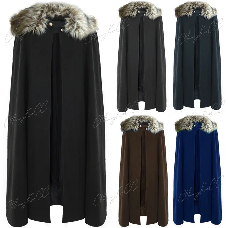 

Men's Medieval Winter Cloak Thick Collar Larp Vicking Knight Cosplay Cape Coat Gothic Women Retro Mantle Halloween Costume