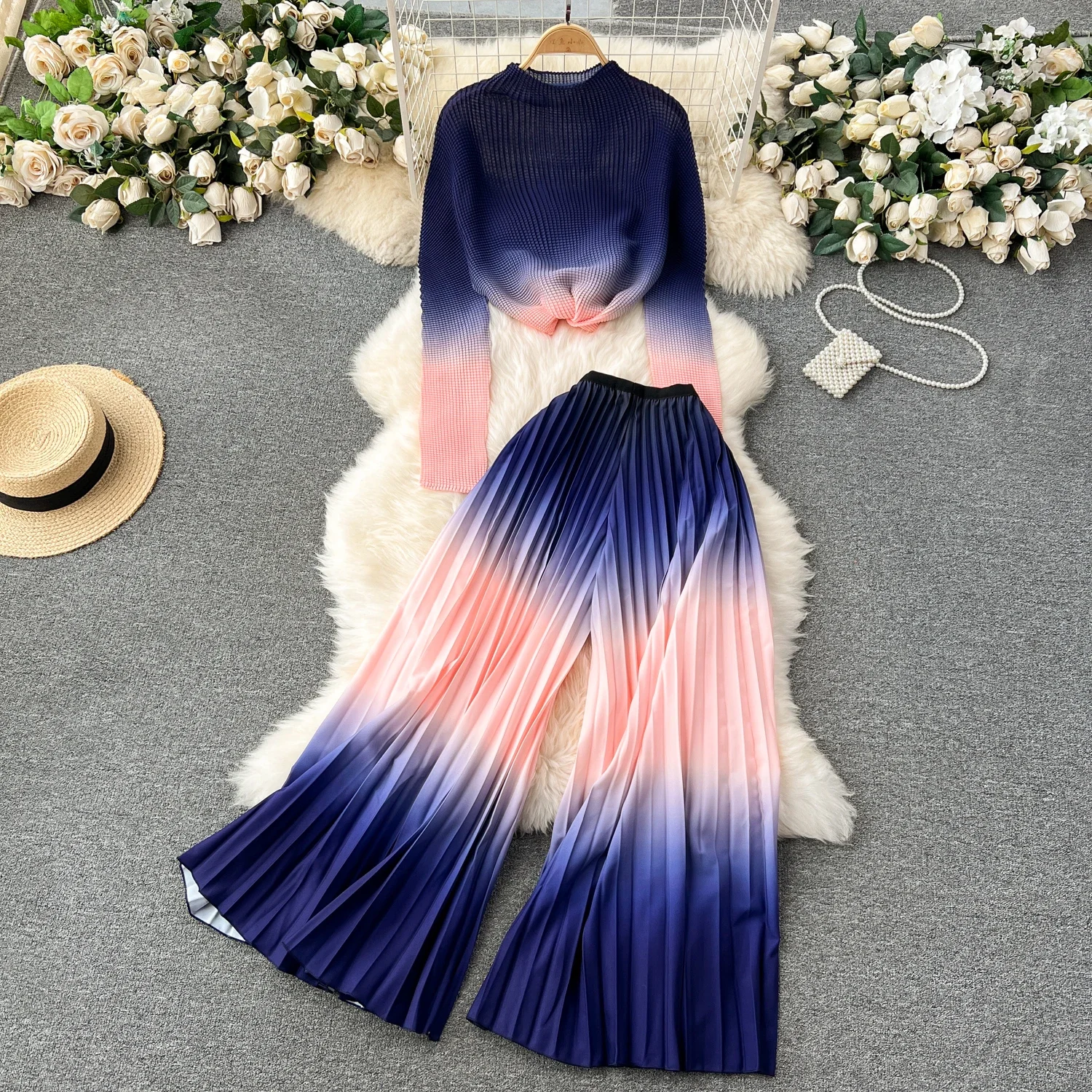 Elegant Long Sleeves Vintage Half High Collar Print Top Loose High Waist Pleated Wide Leg Pants High Street Autumn Winter Sets