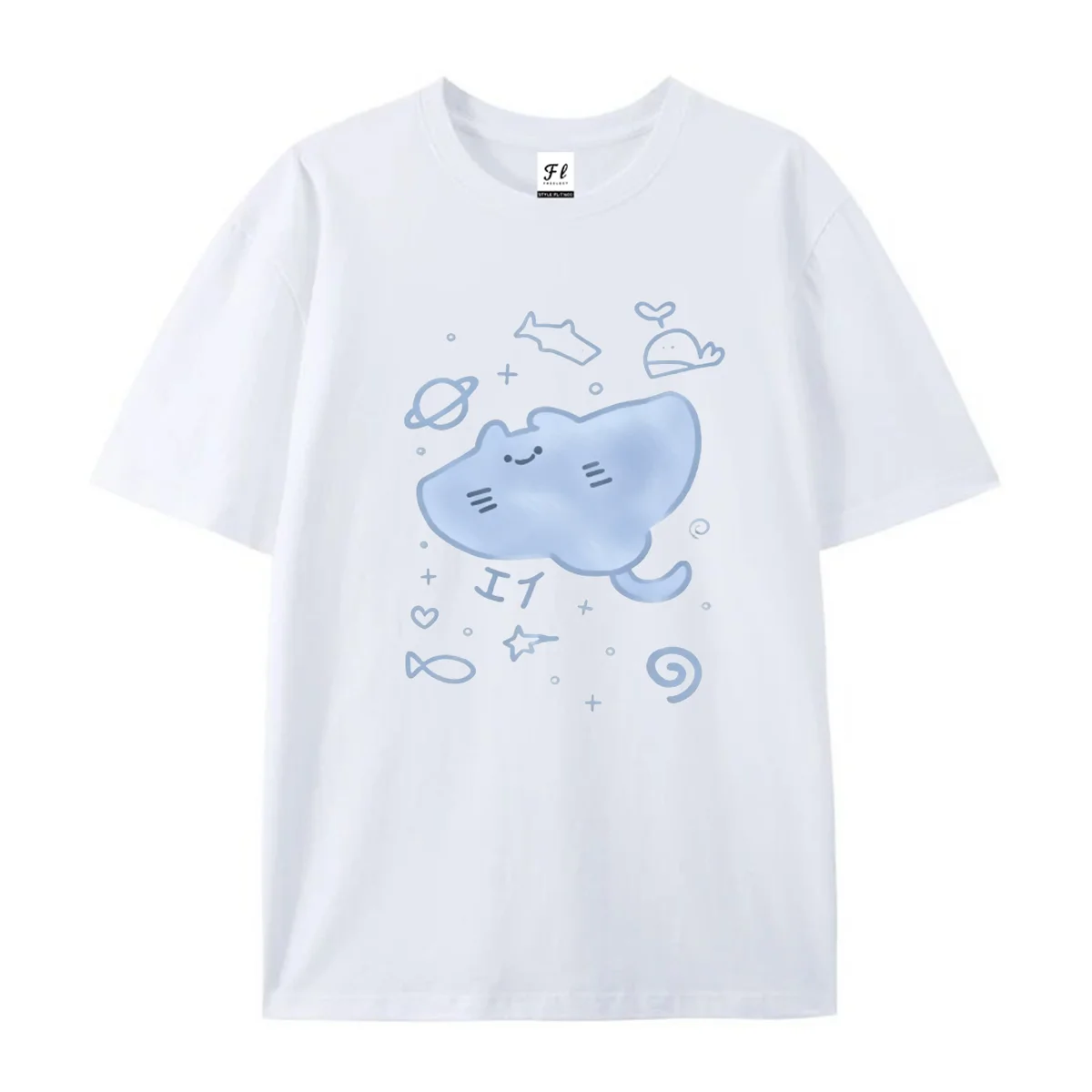 Women Cute Manta Ray Cat Face Graphic T Shirt Casual Short Sleeve Tees Cartoon Ocean Animal Print Vintage Tops Gifts For Ladies