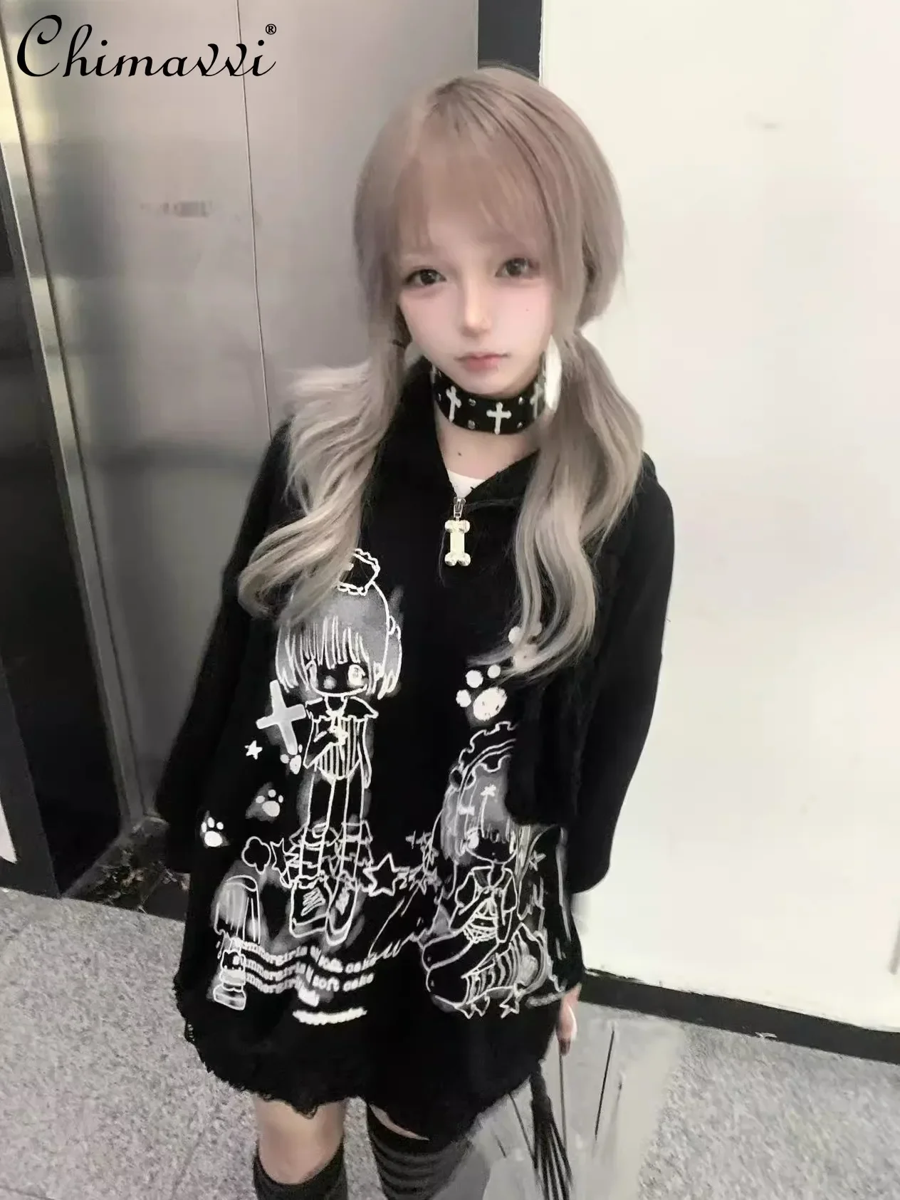 

Original Japanese 2D Cute Rabbit Ears Ripped Hooded Sweatshirt Spring and Autumn New Sweet Kawaii Long-sleeved Loose Hoodies Top