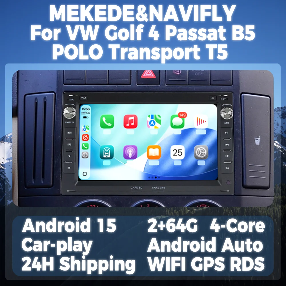 

Беспроводной мультимедийный экран CarPlay Android Auto для Volkswagen Golf 4 Passat B5 POLO Transport T5 Android 15, автомобильное радио