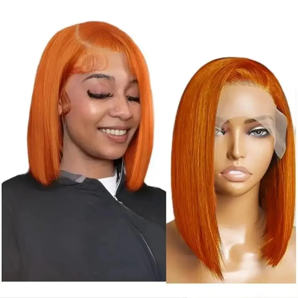 

350 Ginger Orange Short Straight Bob Wig Remy Hair Brazilian 100% Human Hair 13x4 Lace Frontal Short Bob Wig 180% Density