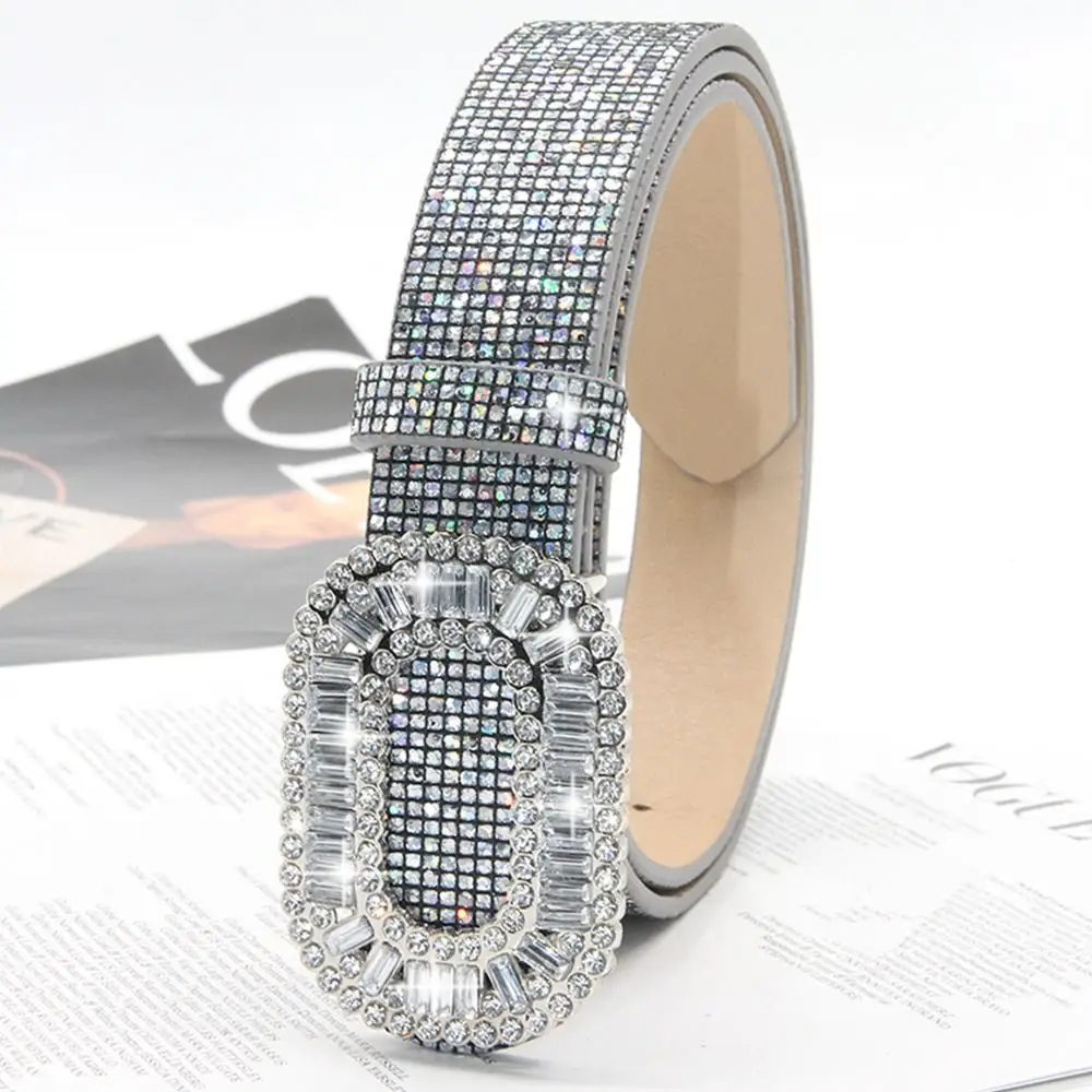 Fashion Bling Bling Sparkling Rhinestone Belt Versatile Luxury Brand Design Slide Buckle Belt Glitter Waist Strap Women
