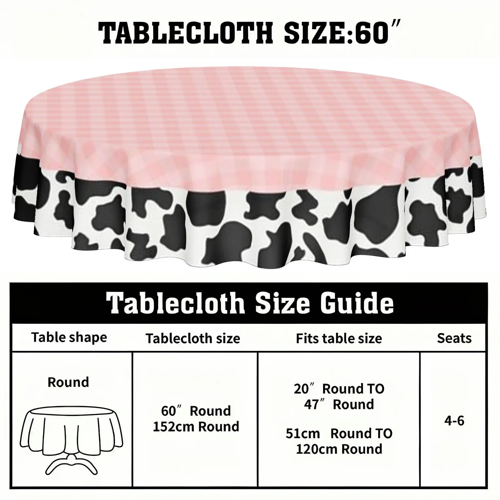 A round tablecloth with a powder-white checkered pattern and black and white cow-patterned edges
