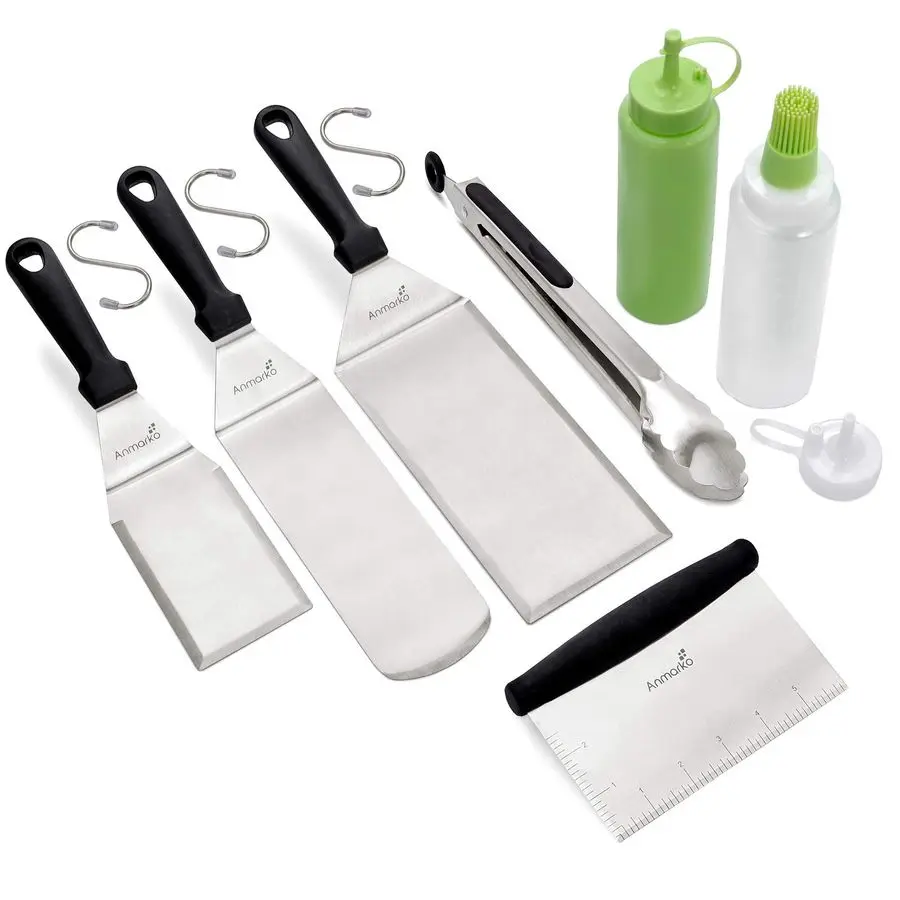 

Spatula and Scraper Set Griddle Accessories kit Grill Tongs Flat Spatula Pancake Flipper Hamburger Turner Squeeze Bottles Set Me