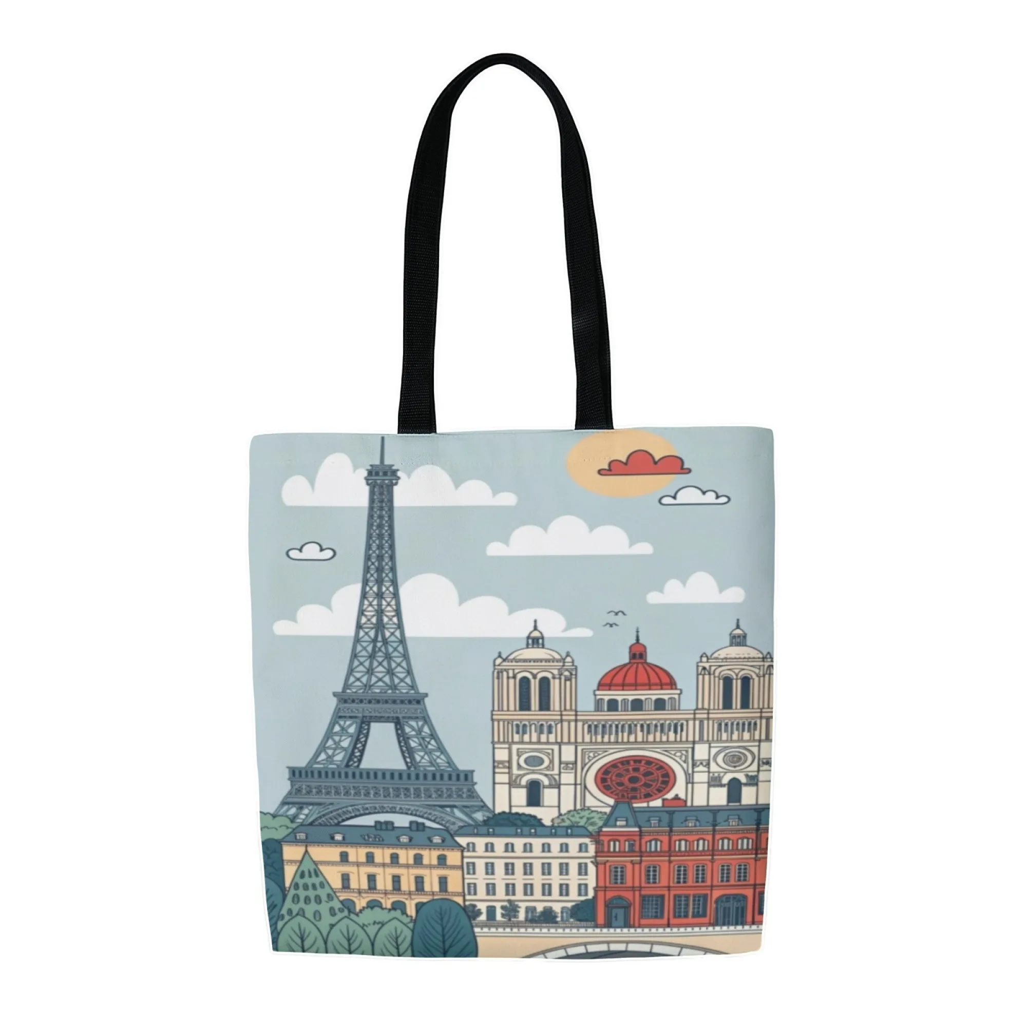 Urban Parisian Canvas Tote Bag City Landmark Art Print Women's Stylish Reusable Shopping Bag for Parisian Aesthetic Daily Life