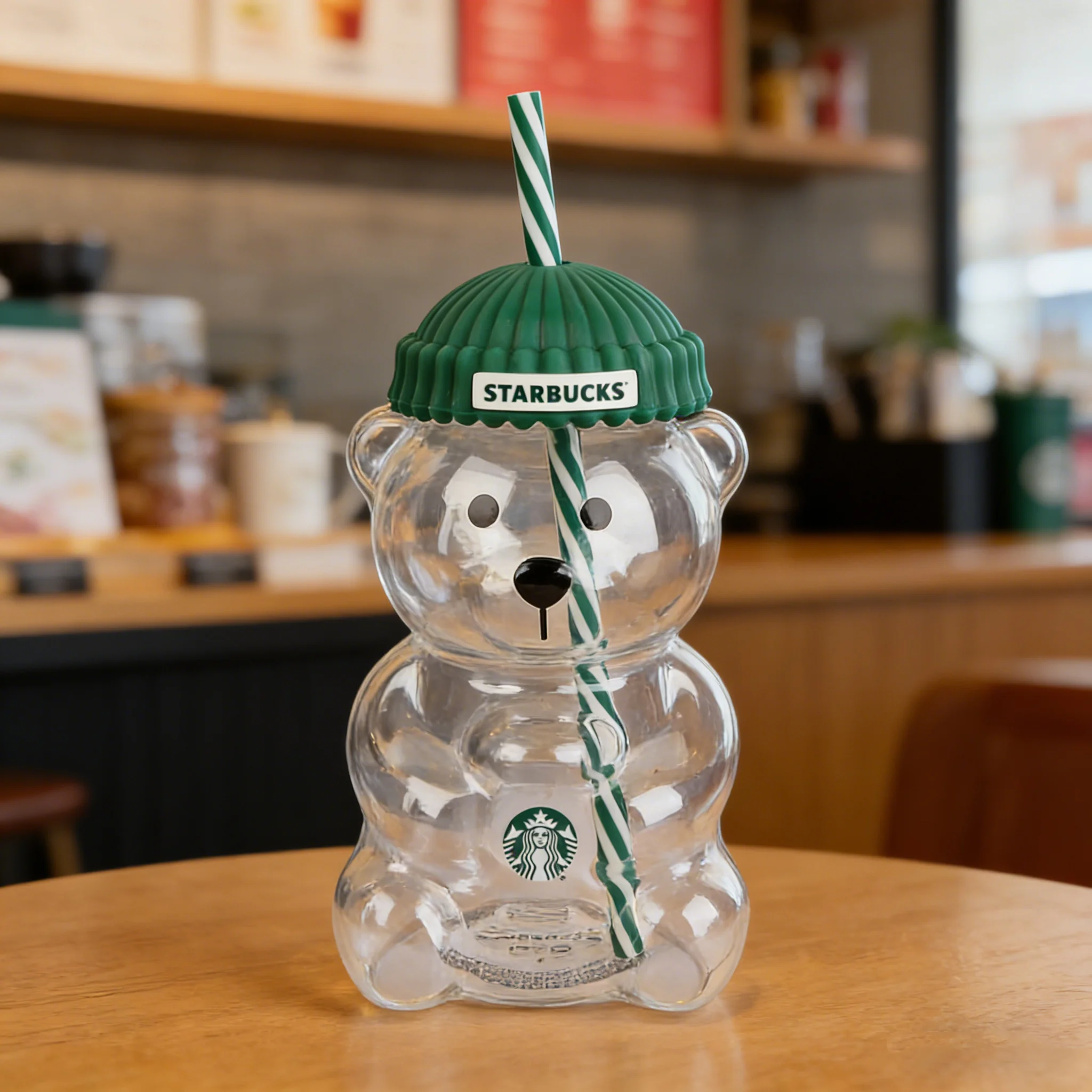 Elegante Vaso de Vidrio Starbucks Bearista Bear de 20oz con Tapa Verde y Pajita para Agua Fría, Regalo para el Hogar