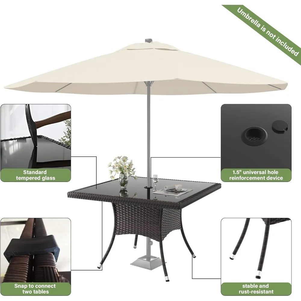 Set da pranzo da patio da 10 pezzi, con piano in vetro temperato, cuscini rimovibili, set di mobili da giardino per esterni in vimini per tutte le stagioni