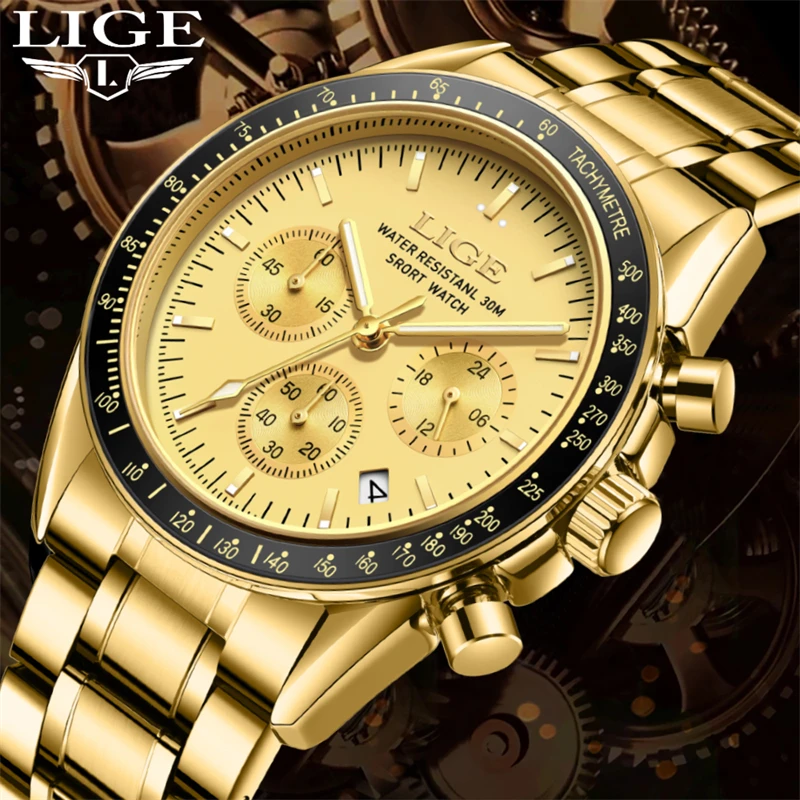 LIGE Men\'s Watches Luxury Gold Watches for Men Chronograph Waterproof Luminous Date Man Wristwatch Stainless Steel Quartz Clock