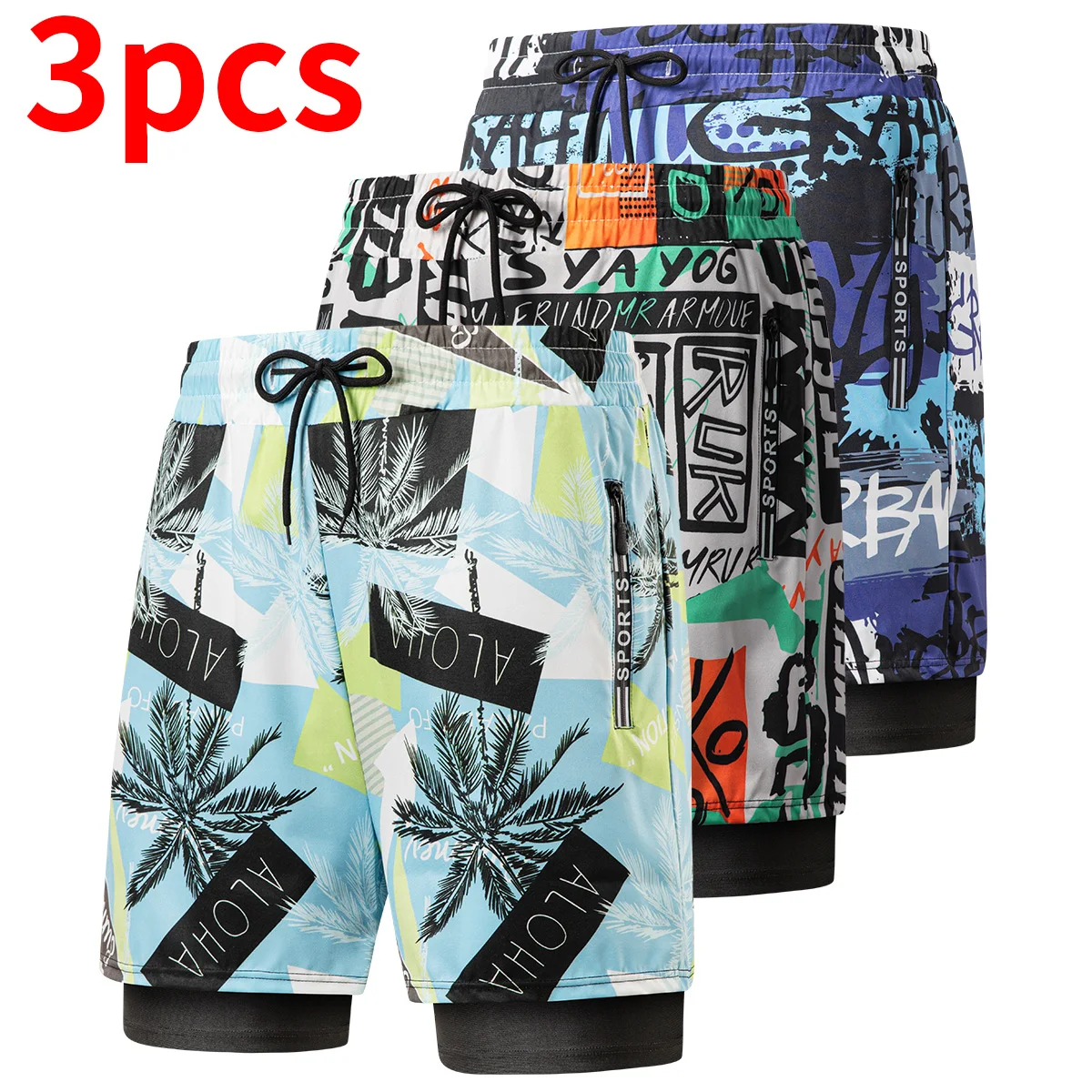

Мужские летние пляжные шорты из 3-х частей, модный принт по всей поверхности, с завязками и подкладкой
