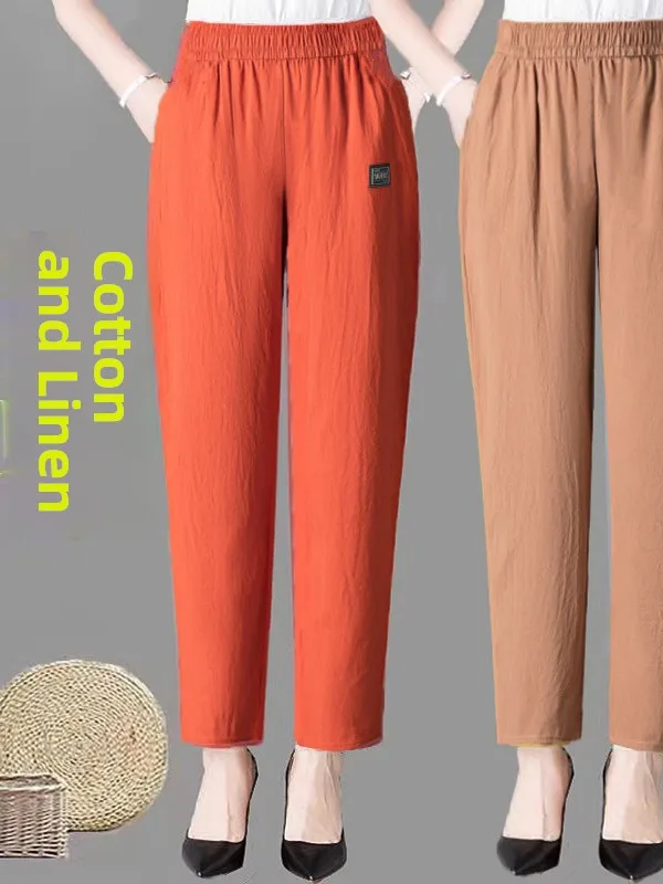 

Летние хлопковые льняные брюки-харланы для женщин, свободные, укороченные (7/8), повседневные, тонкие, с высокой талией, на резинке, универсальные