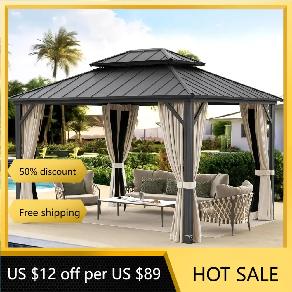 

10x12 Hardtop Gazebo, Galvanized Steel Double Roof Permanent Gazebo Pavilion with Aluminum Frame, Outdoor Metal Gazebo Canopy