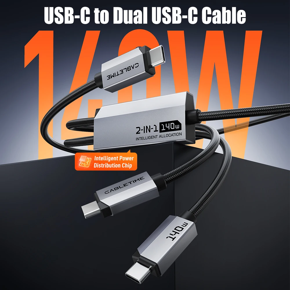 CABLETIME 2 IN 1 USB C to Dual USB C Cable LED Light 140W Fast Charging 480Mbps High Speed Transmission for Laptop iPhone 17