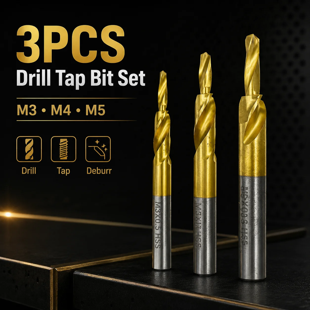 3PCS M3 M4 M5 Drill Tap Bit Set Titanium Coated HSS Combination Tap Drill Bit for Metal Wood Plastic Tapping & Drilling