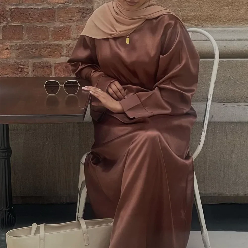 

Satin Abayas Plain Fashion Muslim Dresses Women Islamic Jalabiya Eid Mubarak Ramadan Dubai Kaftan Abaya Turkey Robe Party Gown