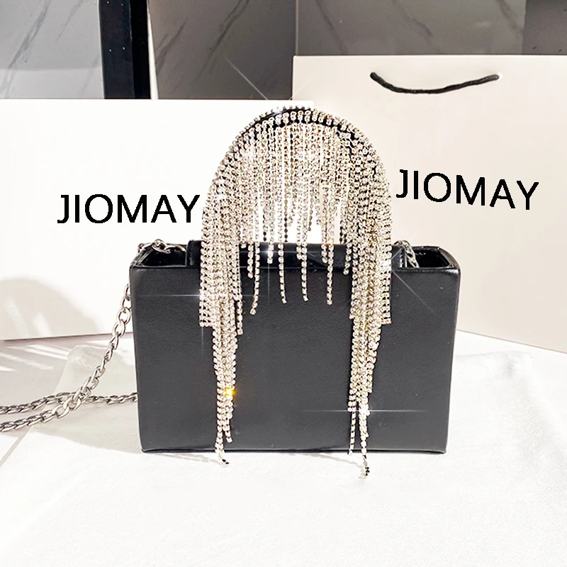 JIOMAY Shiny Rhinestone Bag Luxury Designer Handbags 2023 Women Crystal Tassel Purse Lady Black Mini Tote Evening Bag with Chain