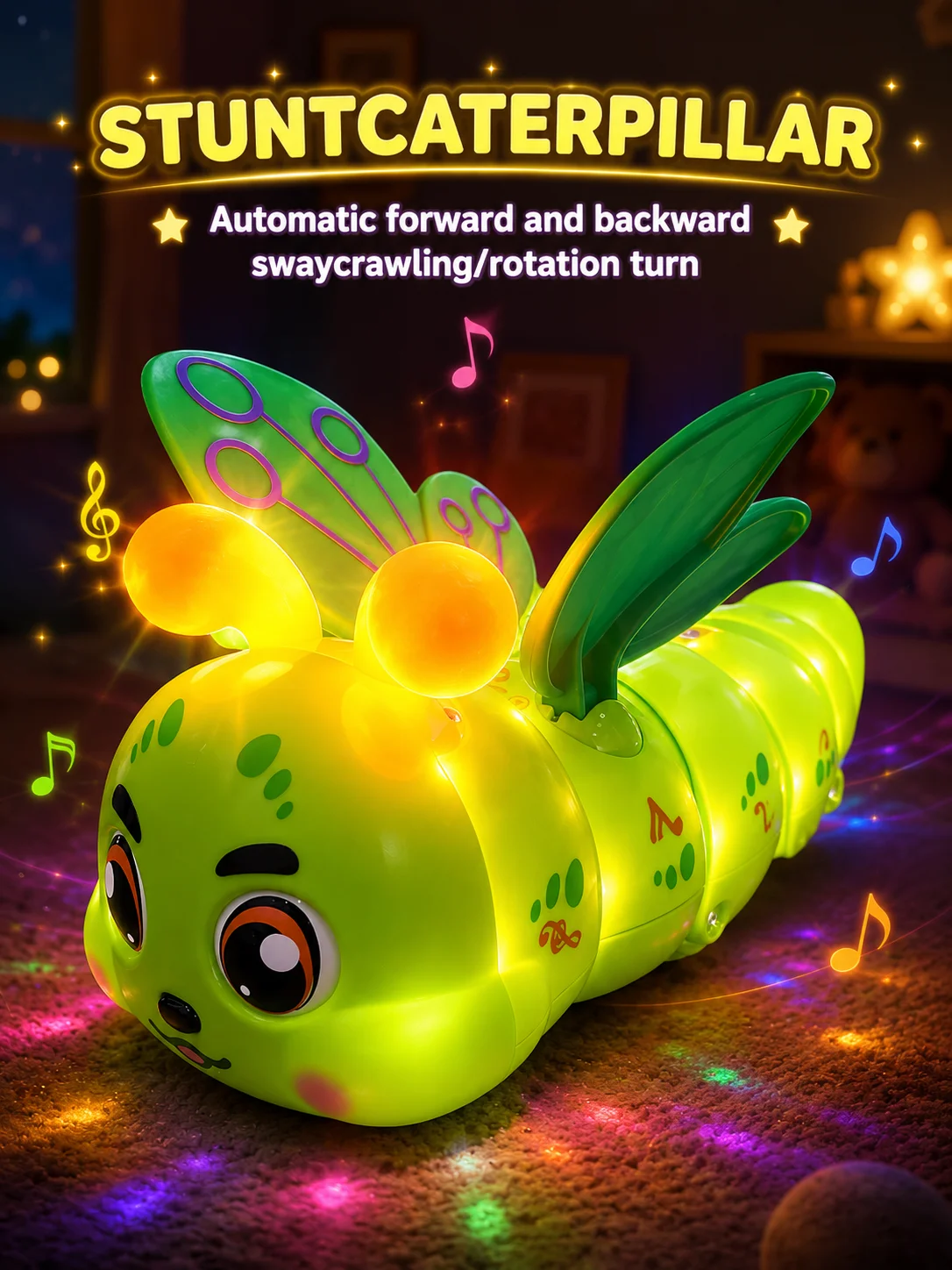 Electric Cute Swinging Green Caterpillar Multi-Functional 360° Stunt Spin Rotation Lights Music Educational Toys Children's Gift