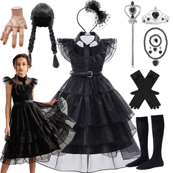 Halloween Carnival Party Child Addams Cosplay Costume Girls Vintage Black Gothic Dress Elegant Chiffon Prom Gown Girl Outfits