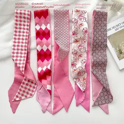 Cinta para la cabeza para mujer, pañuelo de seda que combina con todo, corbata de pelo rosa, bufanda larga, accesorios de bufanda con estampado de flores