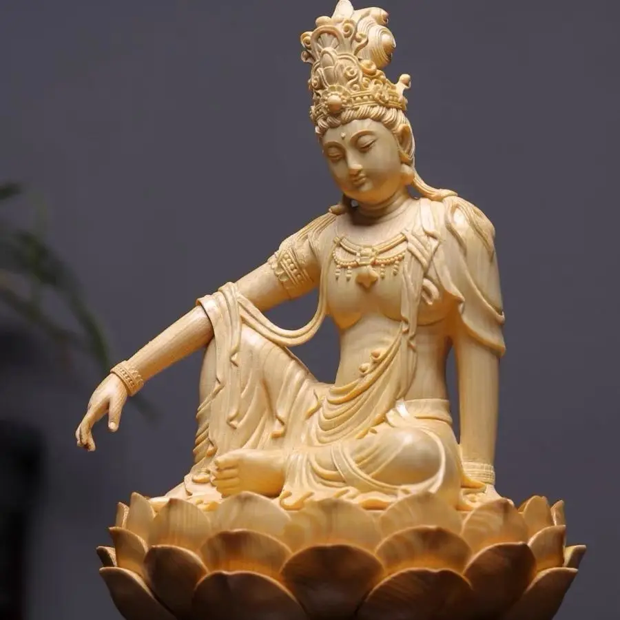 Cypress Wood Carving Guanyin Carving Enshrines The Living Room Sitting Lotus Buddha Statue Home Decoration