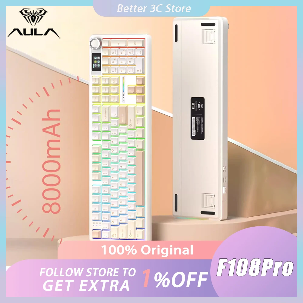 

Механическая клавиатура Aula F108Pro, многофункциональная ручка, три режима, Bluetooth, прокладка для беспроводной клавиатуры, индивидуальная клавиатура, подарок для ПК