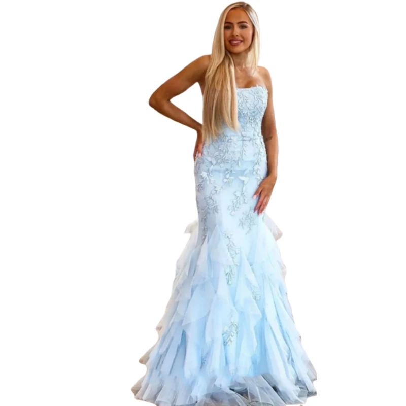 Голубое платье русалки для выпускного вечера с оборками, длинное вечернее платье, кружевные аппликации, без бретелек, милая одежда для дня рождения, по индивидуальному заказу
