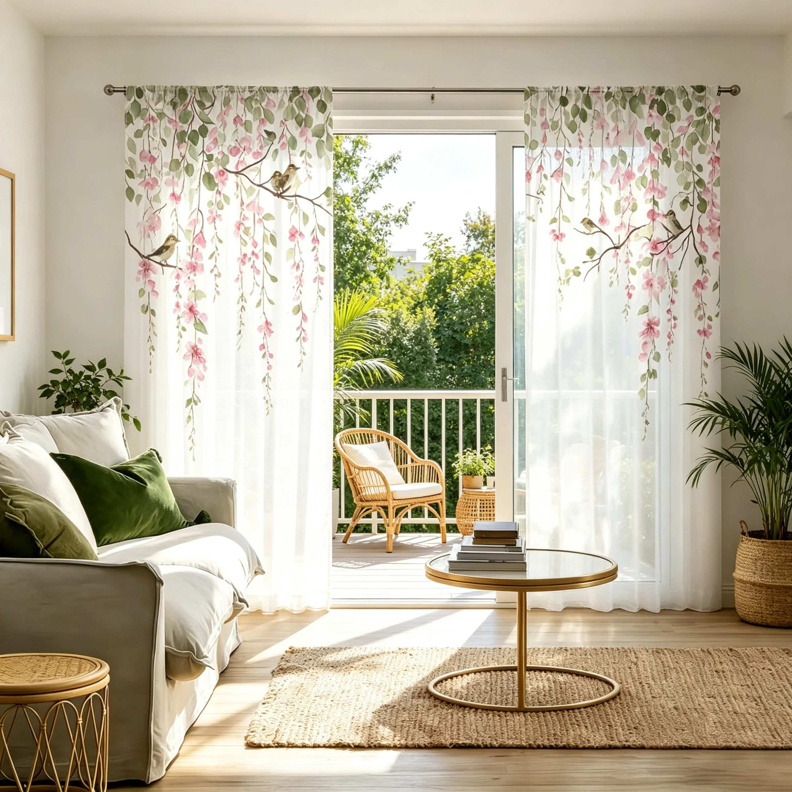 2PCS Digital Printed Sheer Curtain, Bird Branch Pink Vine, Romantic Floral Nature Garden for Living Room Bedroom Home Decor