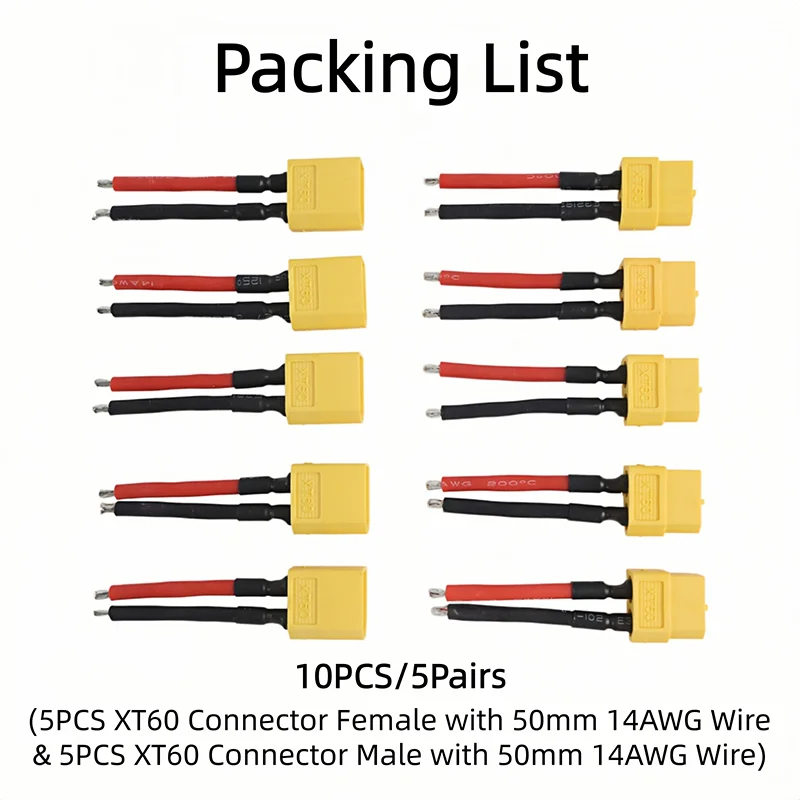 5 Paar XT60 Stecker-Buchse-Verbinder mit 50 mm 14AWG Silikonkabel für RC-Drohne, Quadcopter, Auto, Boot, Lipo-Akku, ESC – Detail 5
