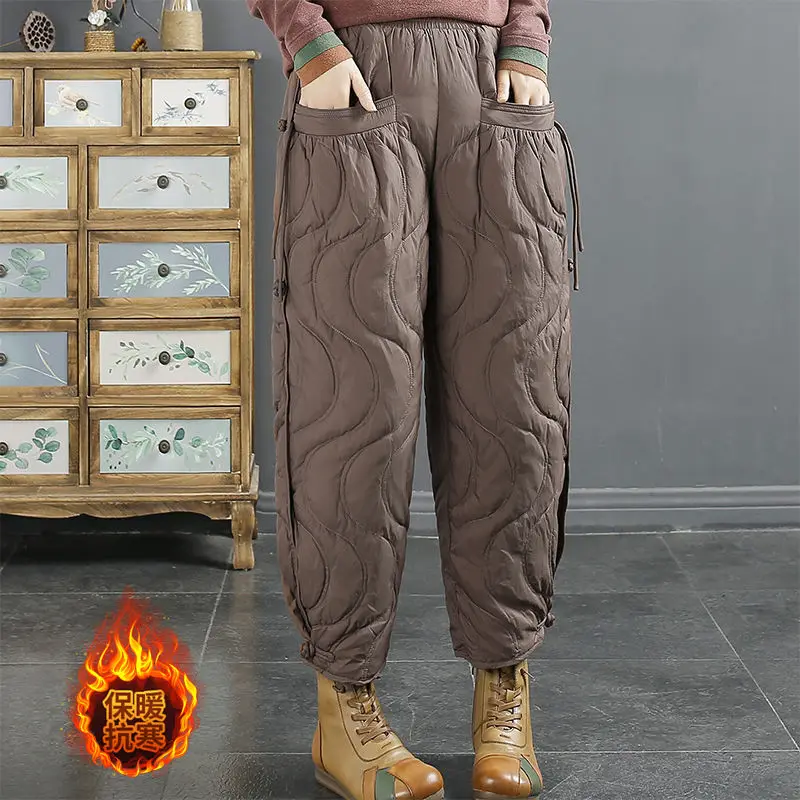 

Новые зимние утолщенные теплые брюки, женские винтажные модные повседневные свободные брюки в полоску с эластичной резинкой на талии хорошего качества