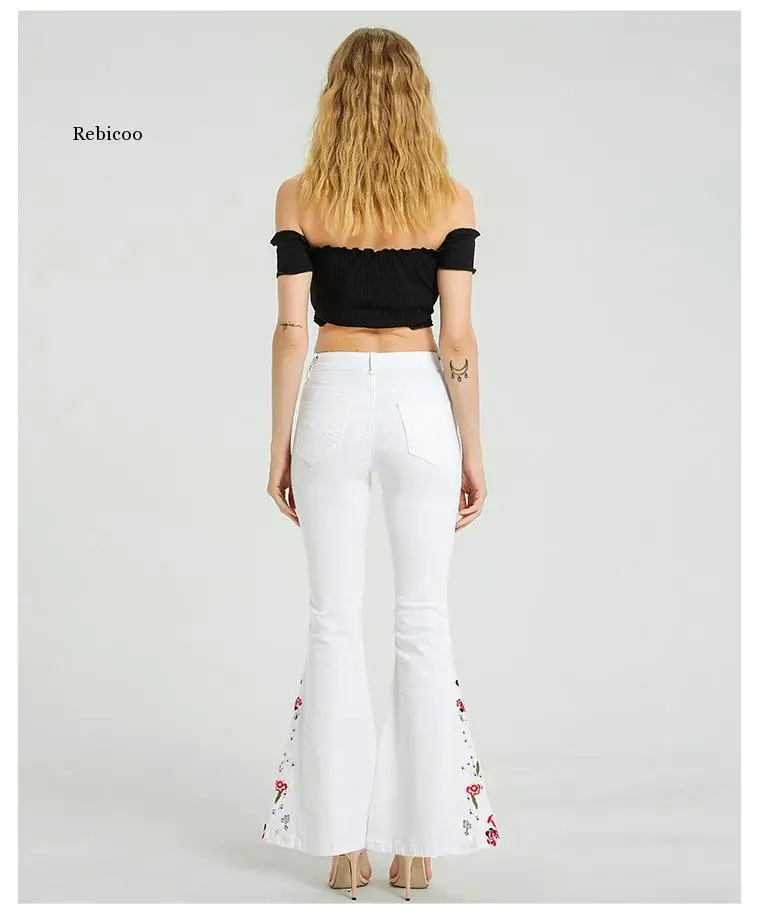 White Jeans Embroidery High Waist Jeans Femme Hippie Wide Leg Denim Pants Women