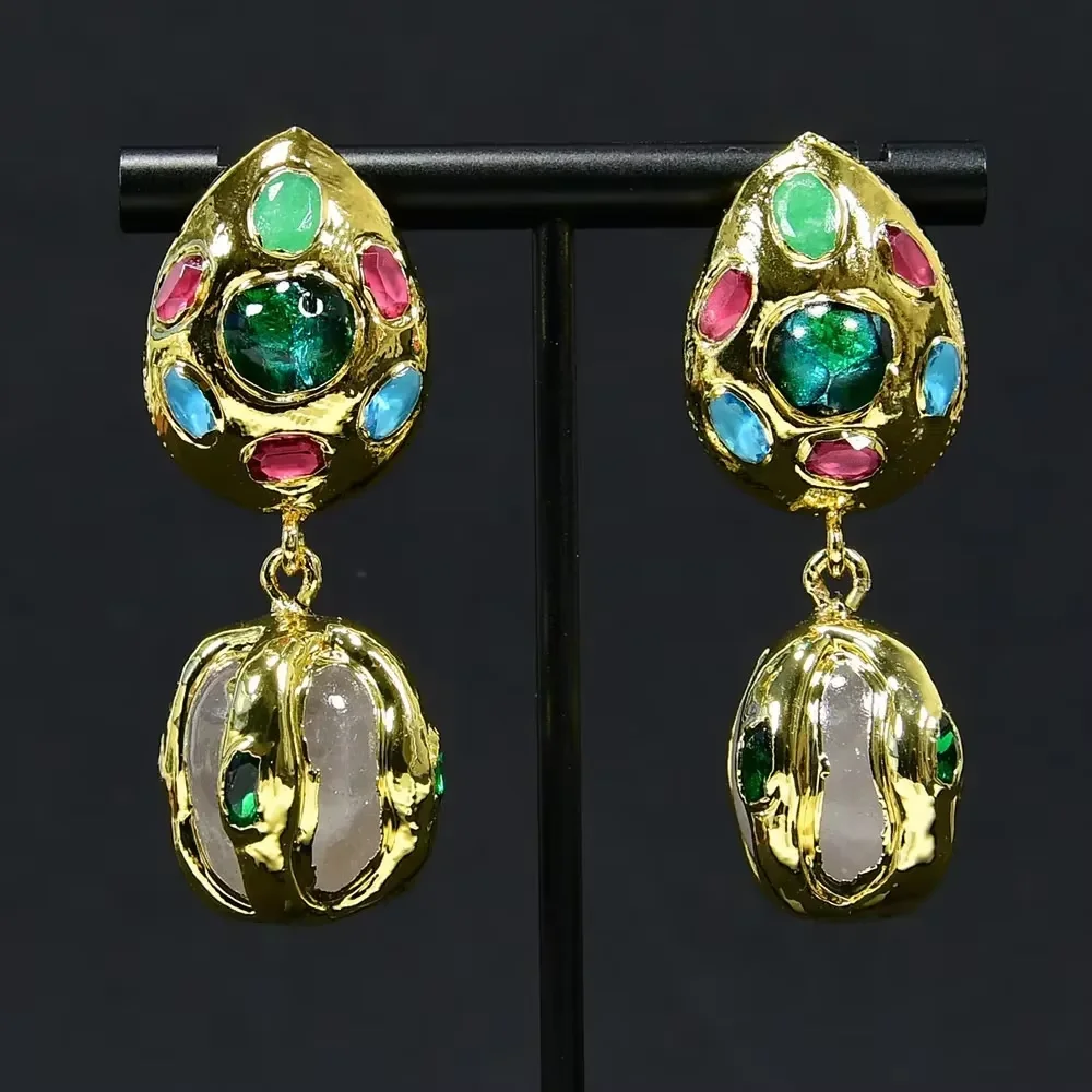 Jewelry Natural Murano Glass Jade White Quartz Paved Green Crystal Dangle Earrings Handmade Drop Earrings Women Jewelry