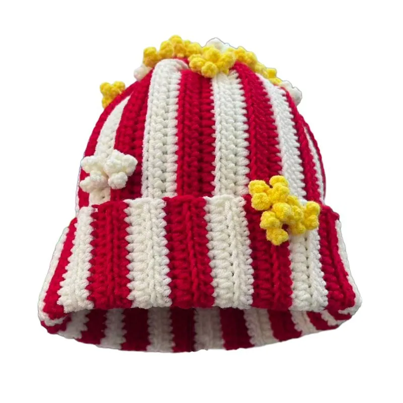 Handmade Crochet Beanie Red White Striped Knit Hat Funny 3D Popcorn Decor Winter Warm Unisex Party Cosplay Costume Knitted Cap