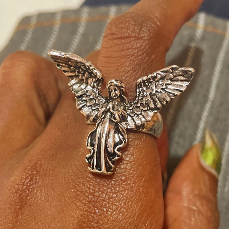 Anillo de plata de Ángel envejecido para Mujer, sortija gótica, Vintage, Punk, Hip Hop, joyería de fiesta, regalo