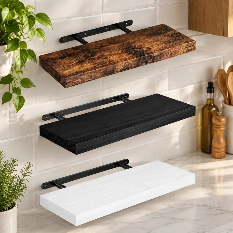 Durable Floating Wall Shelf with Concealed Supports, Multi-Room Storage Solution for Kitchen, Bathroom, Nursery, and Living