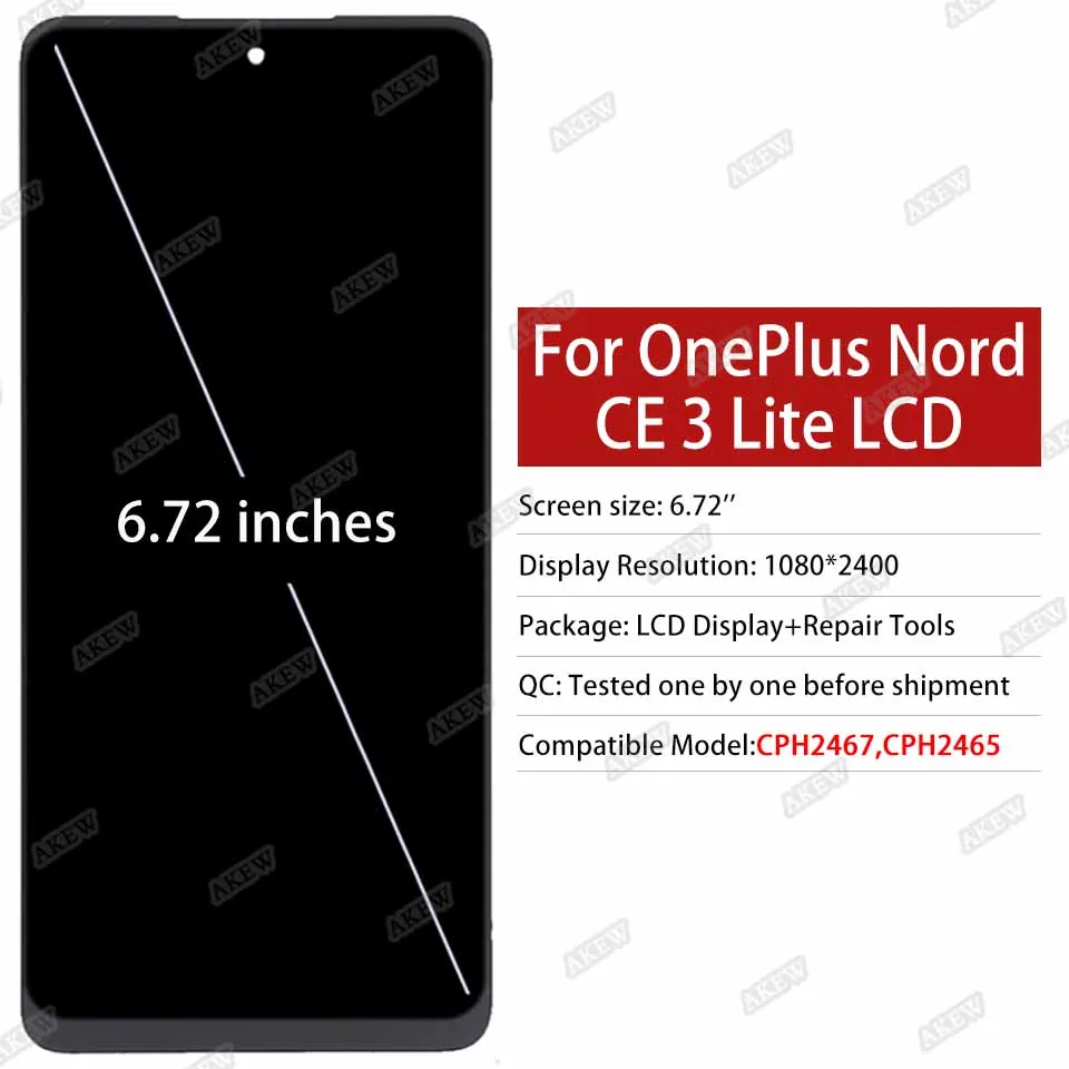 AKEW untuk OnePlus Nord CE 3 Lite layar LCD CE3 Lite layar sentuh CPH2467 CPH2465 Digiziter rakitan CE3Lite suku cadang pengganti