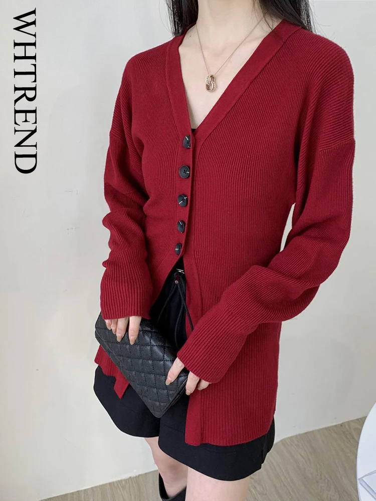 

WHTREND Simple Red Color Slim Fit Sweater V-Neck Waist-Cinching Knitted Long Sleeves Coat WH1256