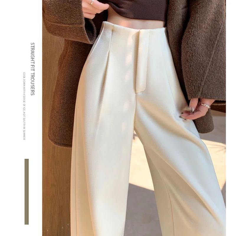 Alta qualidade cashmere calças de perna larga feminina outono inverno calças de cintura alta feminino casual streetwear calças de perna reta 2025