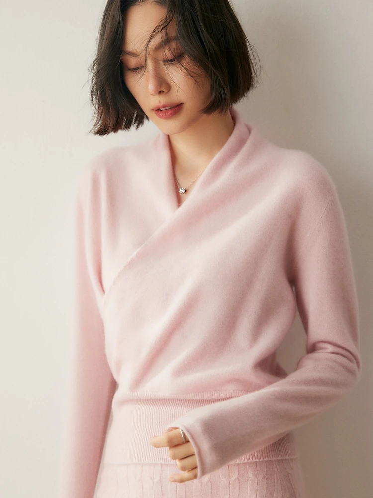 

TLOML New Women's 100% Cashmere Sweater Crossover Collar Pullover Office Lady Basic Grace Cashmere Knitwear Autumn Winter Tops