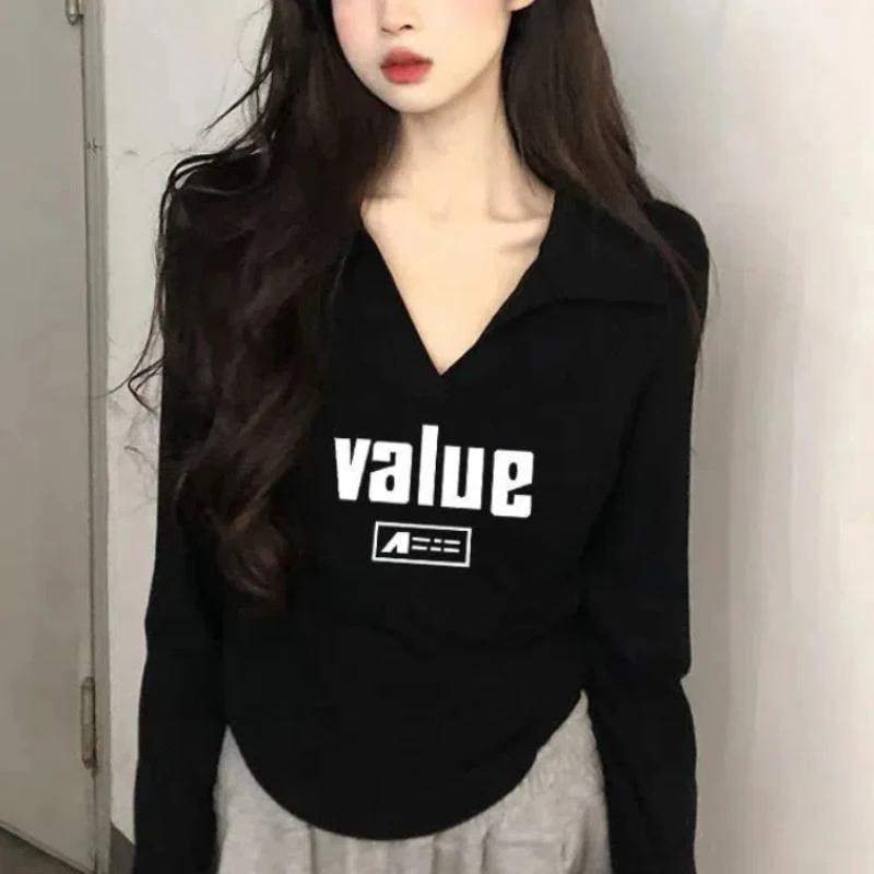 Koreanv Collar Women\'s 2024 Autumn New Collection Spliced Printed Letters Fashion Slim Casual Irregular Long Sleeved T-shirt Top